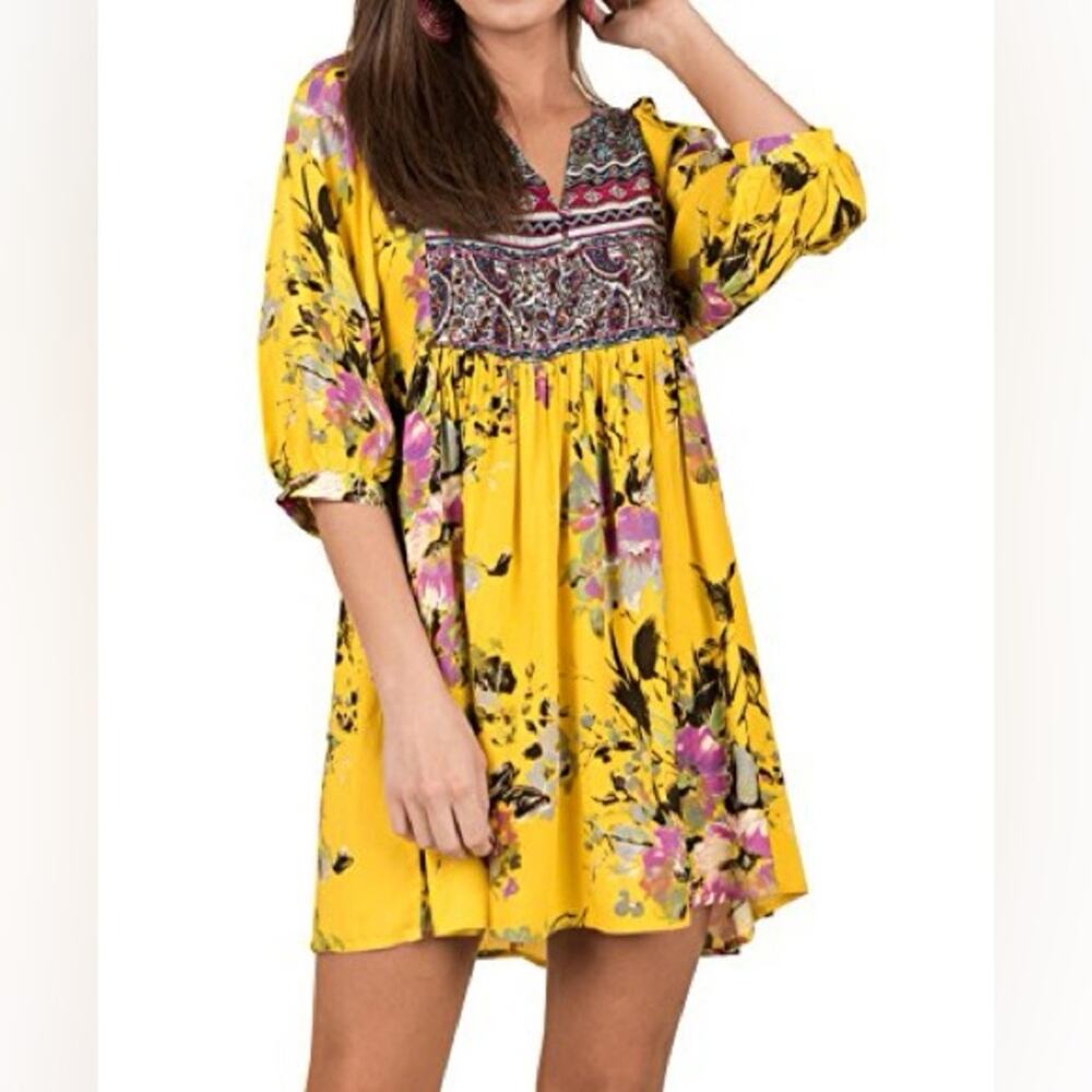 Umgee Yellow Floral Boho Mini Dress Hummingbird Beachy Vacation Babydoll